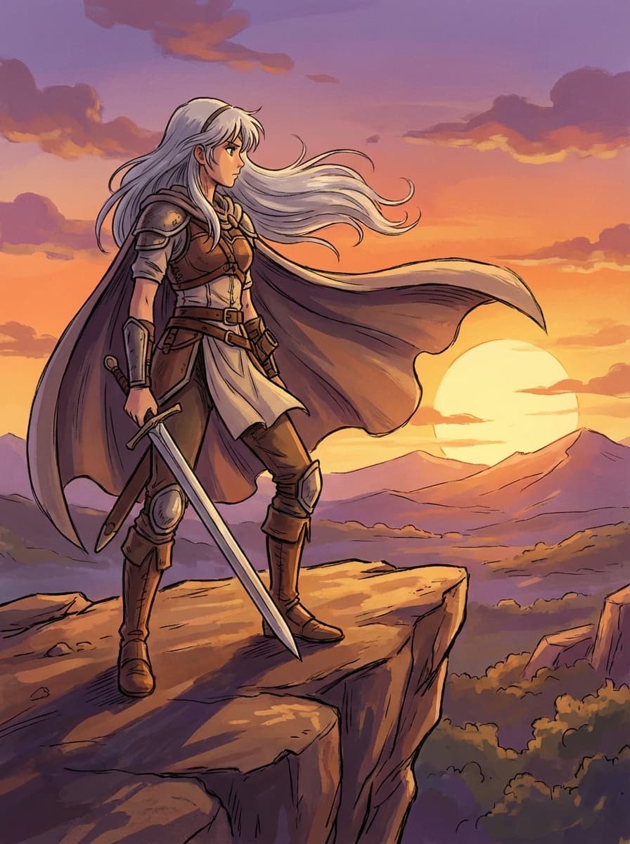 A warrior girl with flowing silver hair standing on a cliff at sunset, anime style