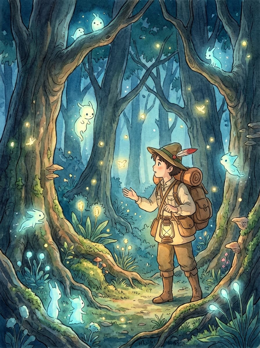 A magical forest with glowing spirits and a young explorer, anime style