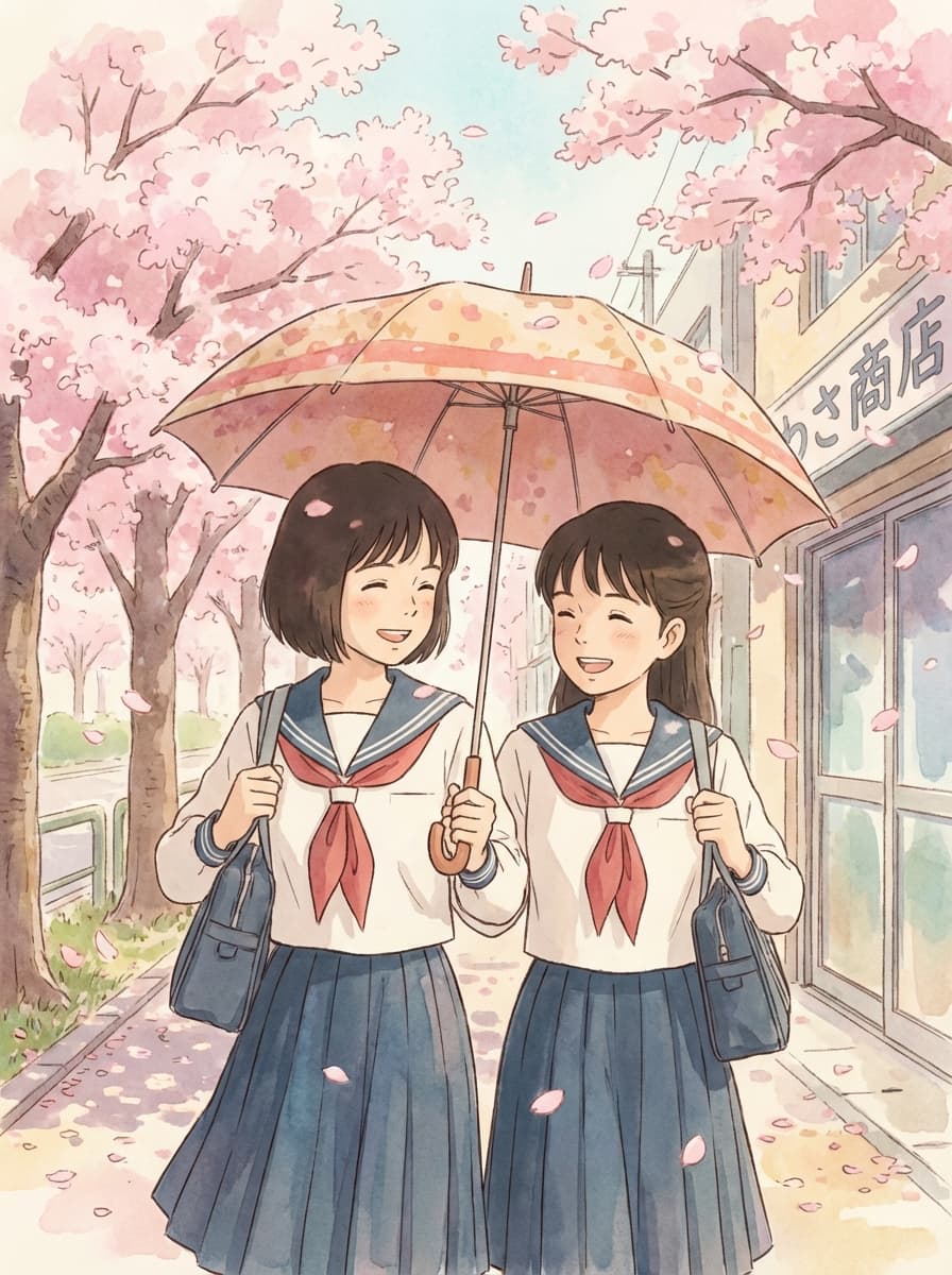 Two friends sharing an umbrella while cherry blossoms fall around them, anime style