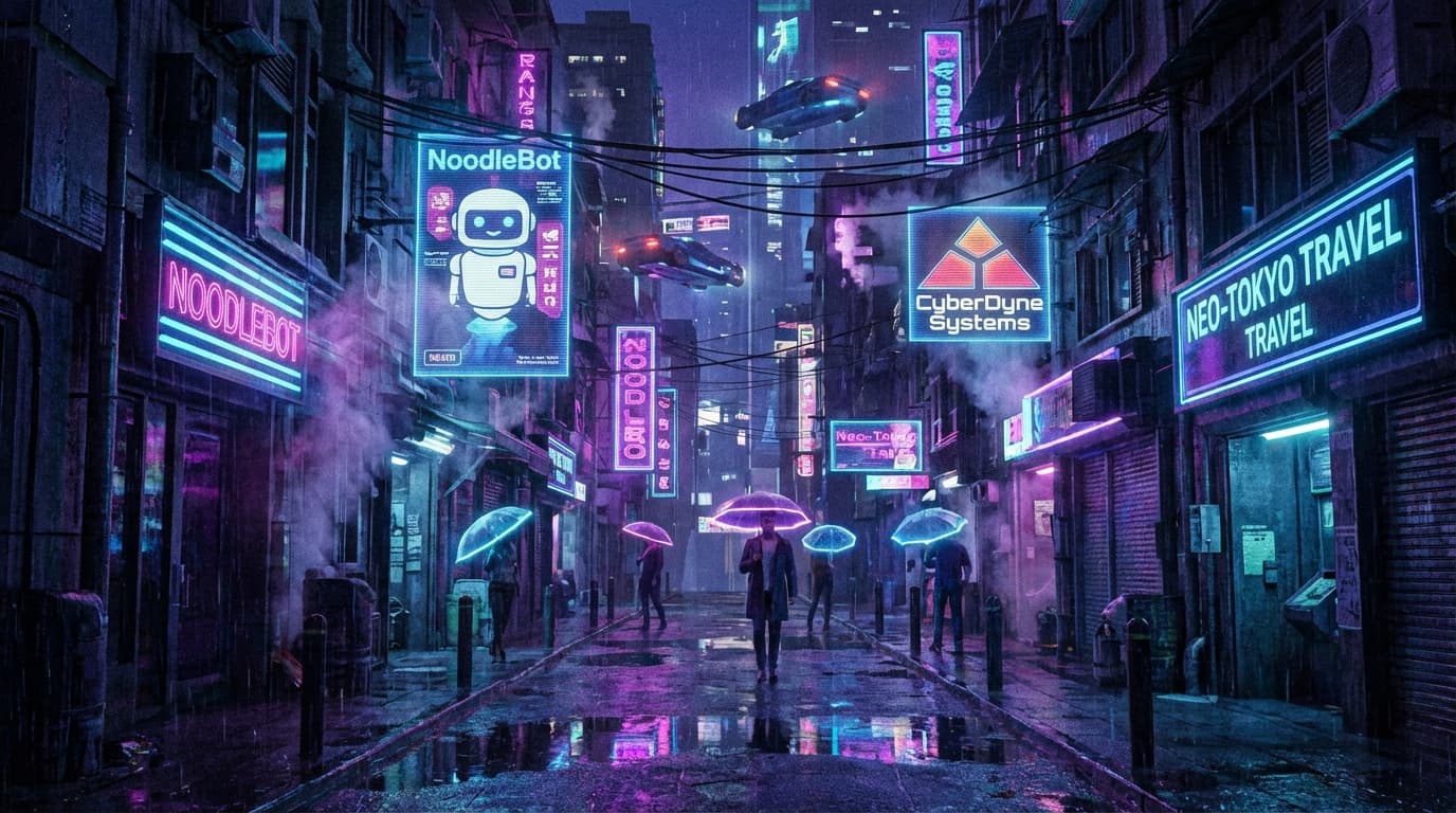A neon-lit alleyway in a futuristic city with holographic advertisements and rain reflections