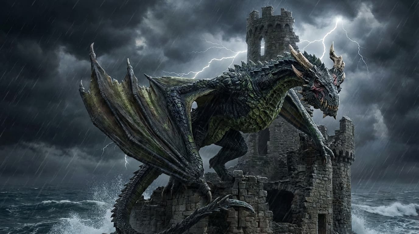 An ancient dragon perched on a crumbling castle tower with a stormy sky behind it