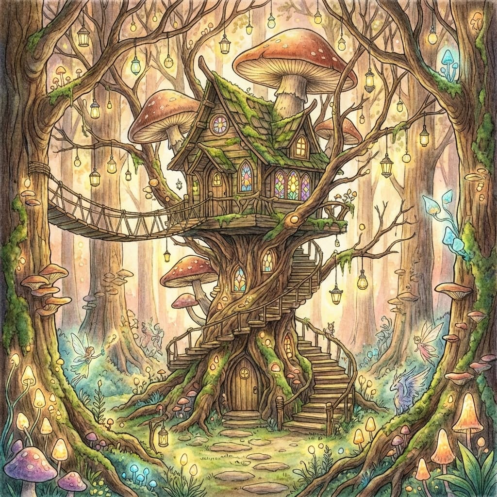 A whimsical treehouse in an enchanted forest with tiny glowing lanterns, illustration style