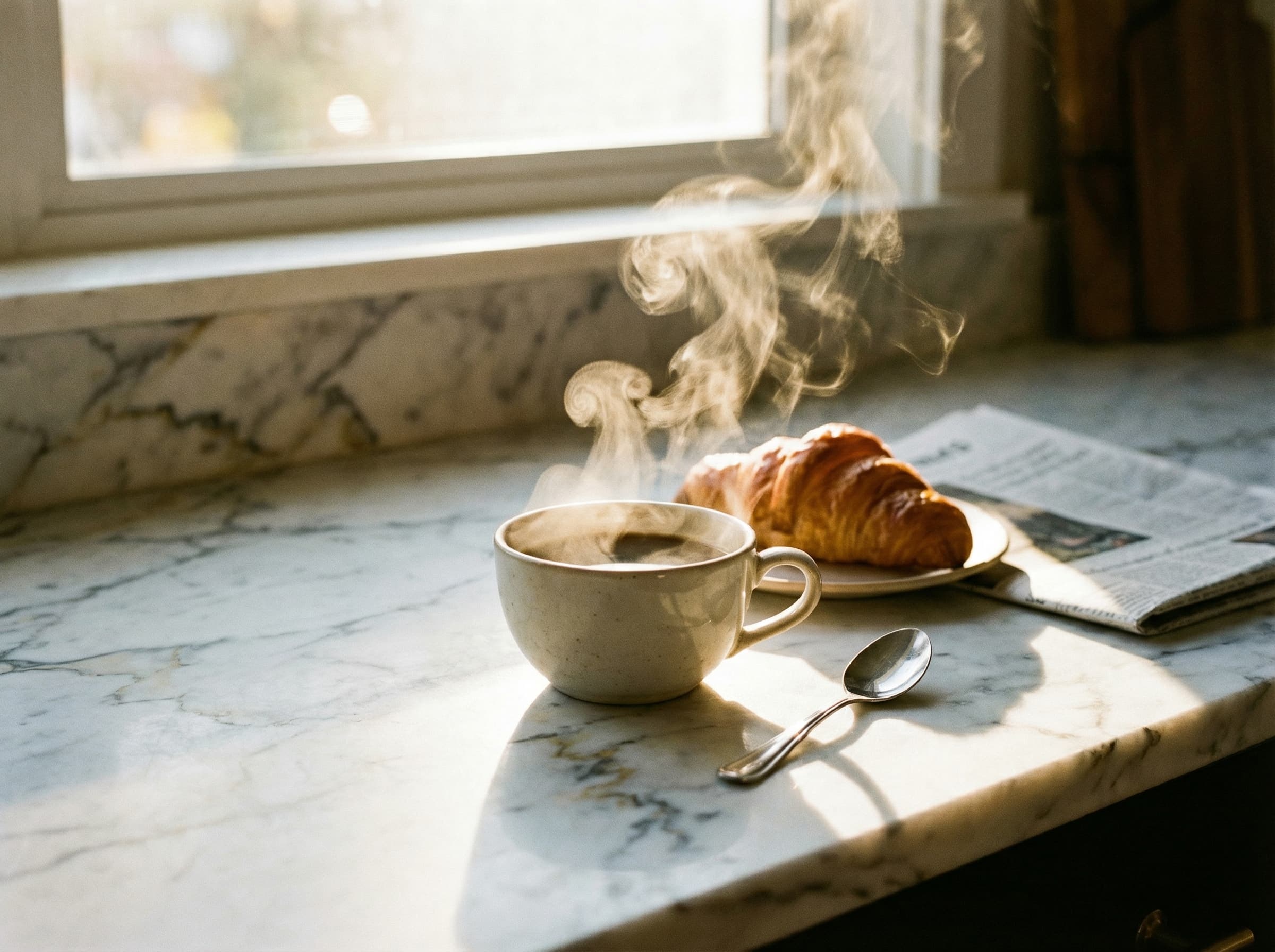 A steaming cup of coffee on a marble countertop with morning sunlight, photorealistic style