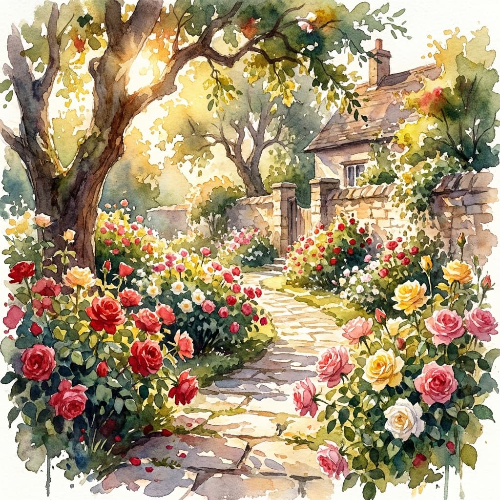 A sunlit garden with blooming roses and a stone pathway, watercolor style