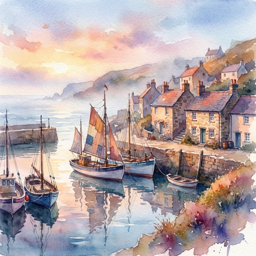 A coastal village at dawn with fishing boats in the harbor, watercolor style