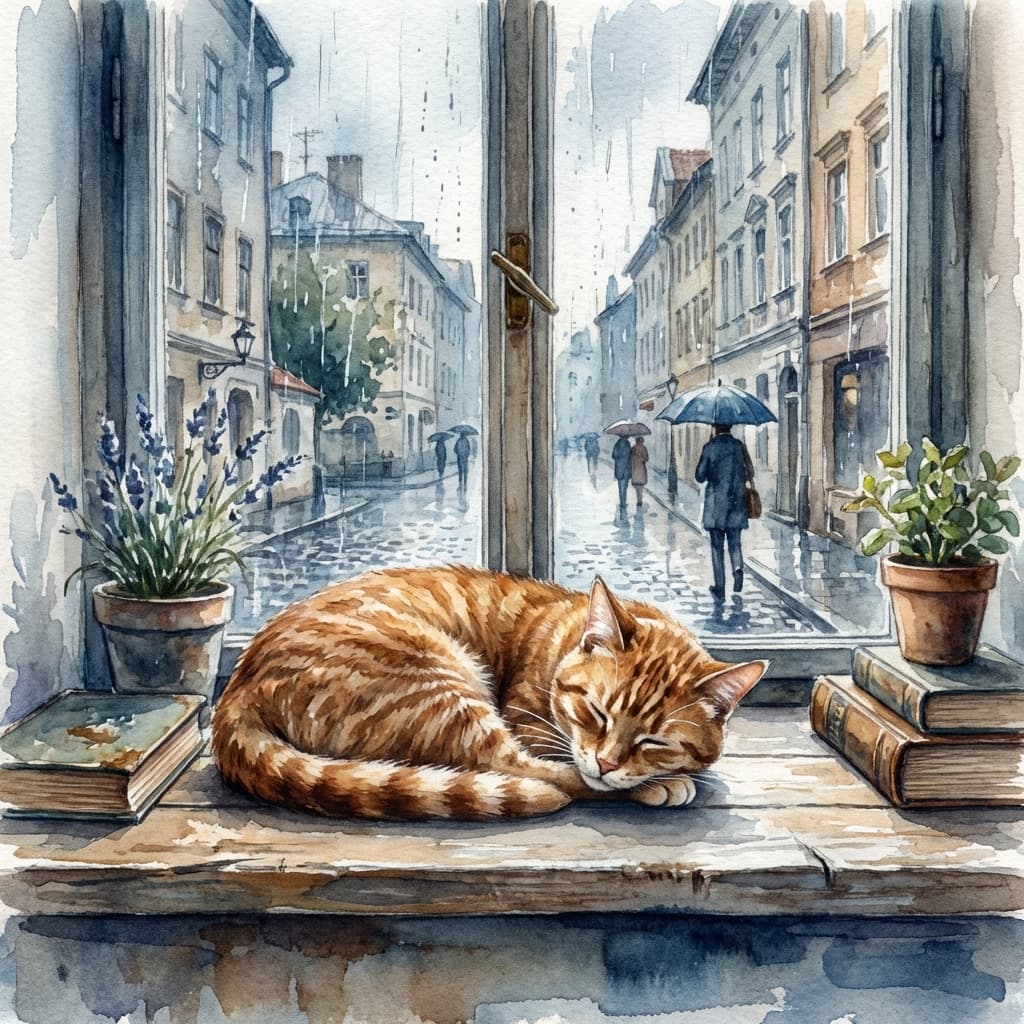A cat sleeping on a windowsill with rain outside, watercolor style